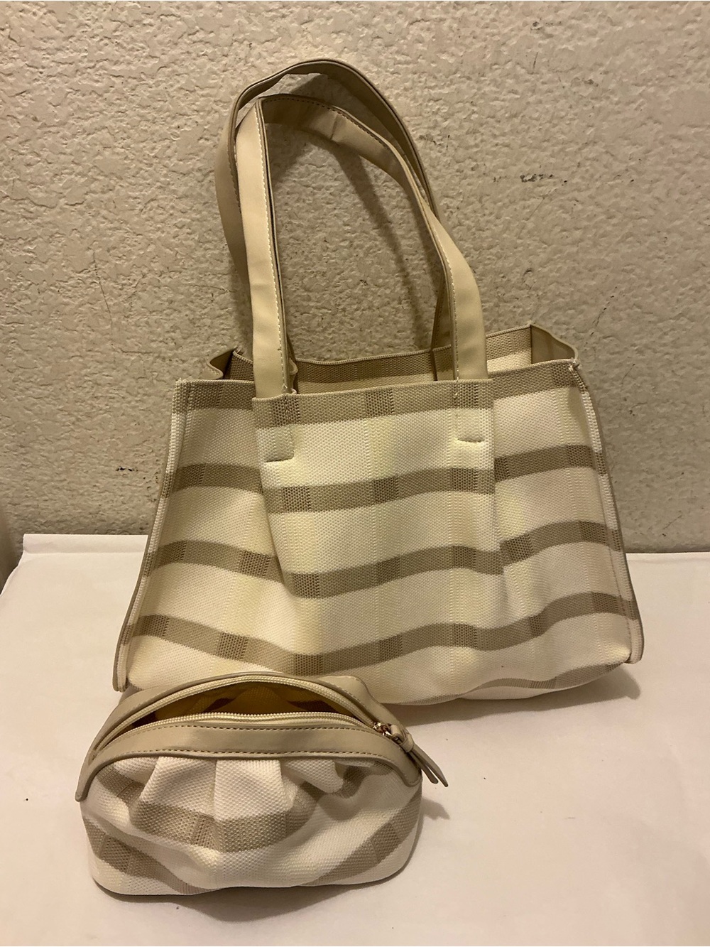 Neiman Marcus Cream and Beige Striped Tote with Matching Pouch